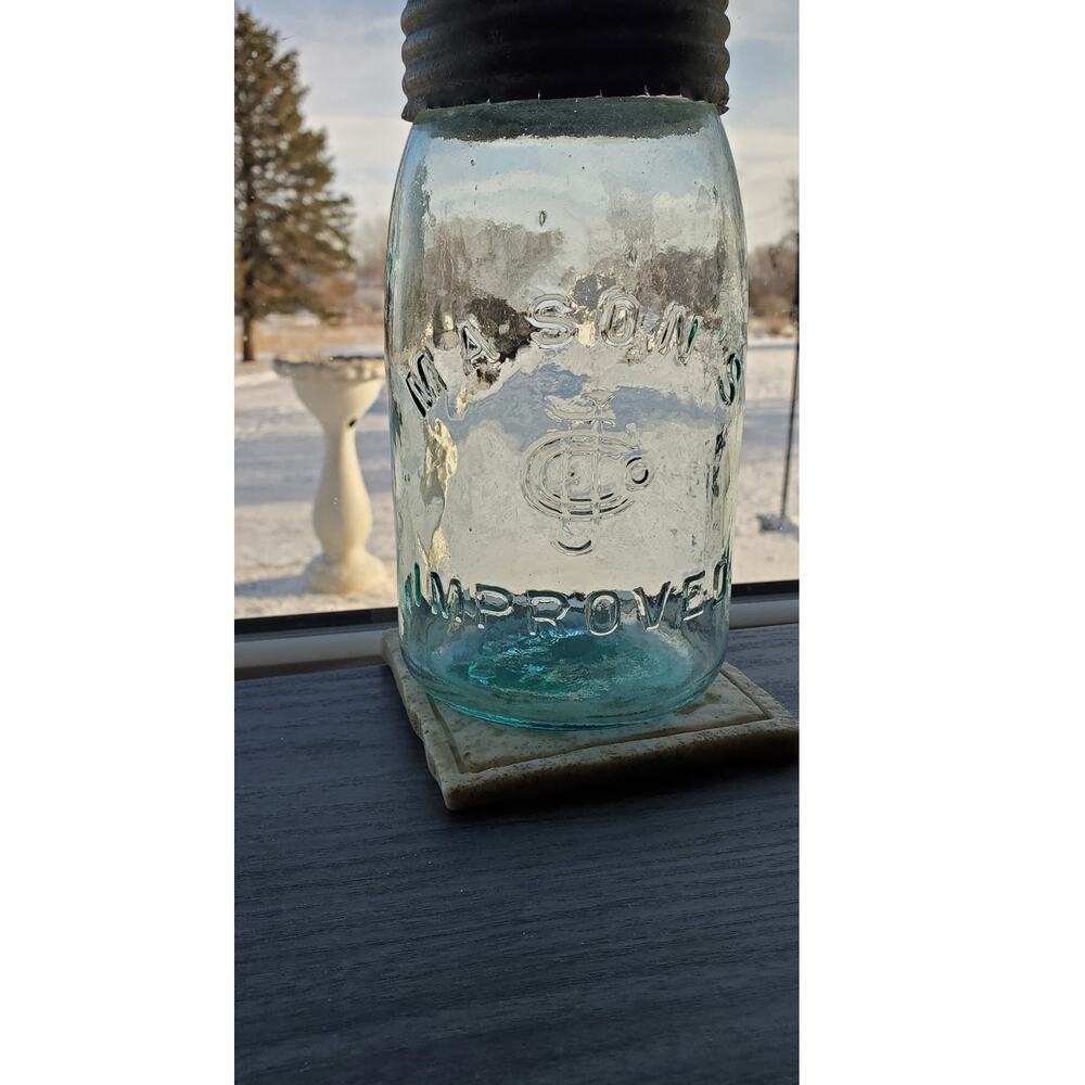 Antique Rare Blue Qt. Mason’s CFJCo Improved Fruit Jar rb 1711